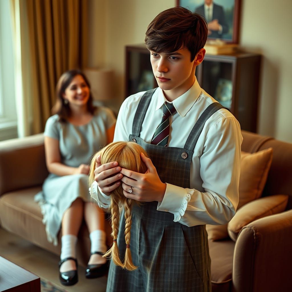 Young Man Ponders Wig in Cozy Living Room