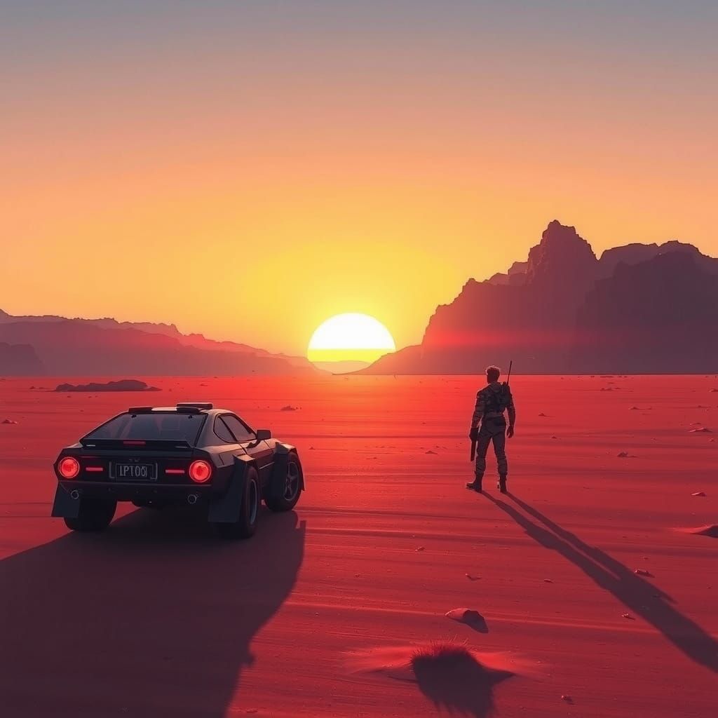 Futuristic Desert Scene with Synthwave Mountain