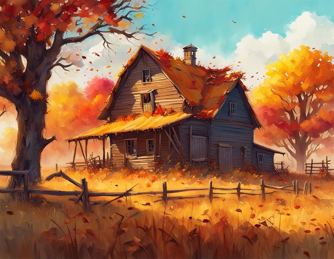Enchanted Autumn Farm in Watercolor Painting Style