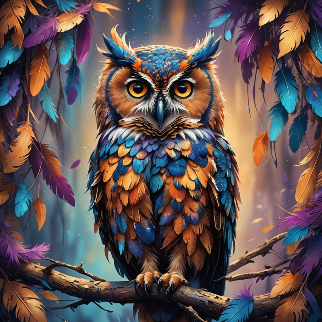 Colorful Fluffy Owl in Fantasy Art Style
