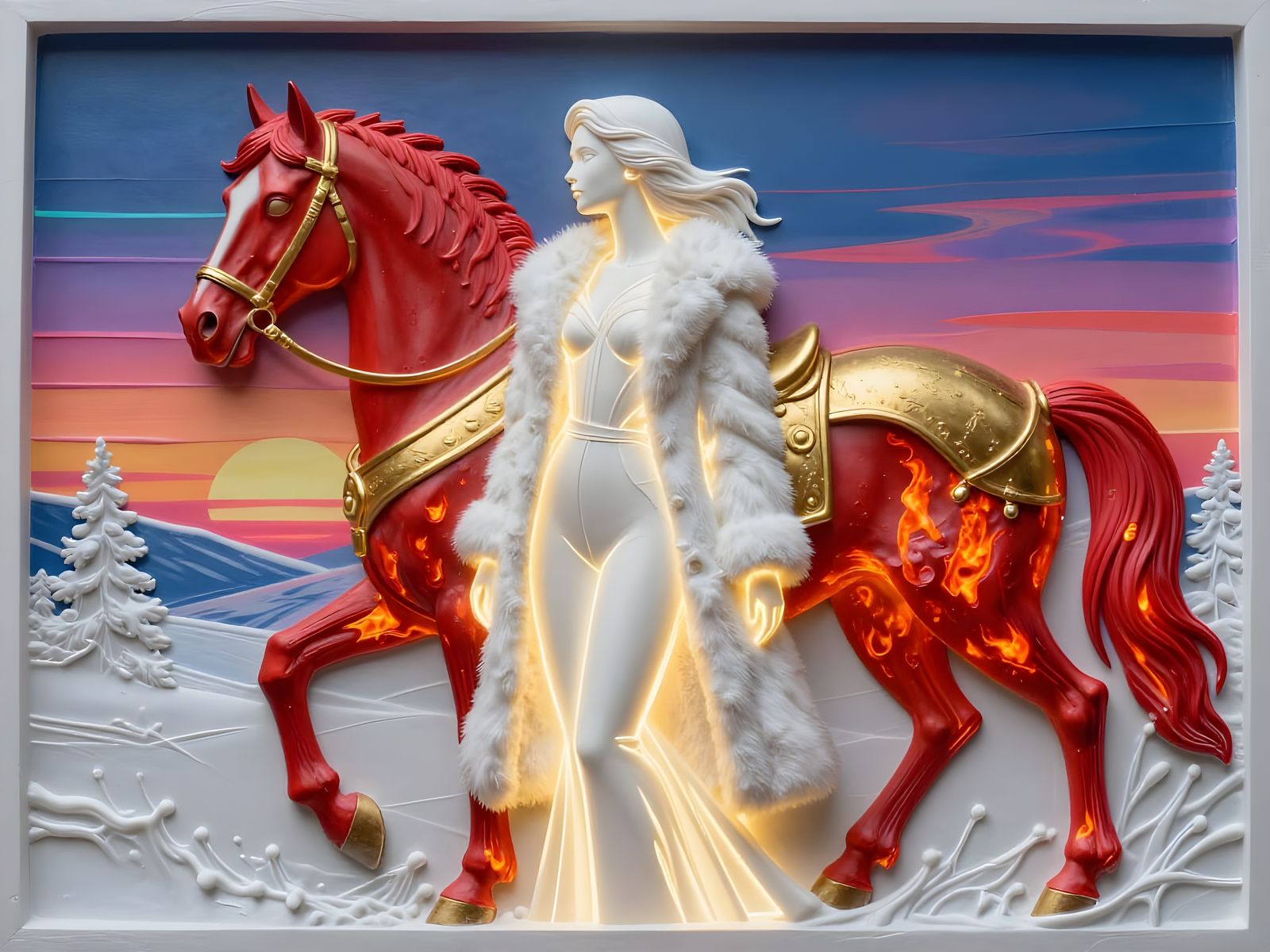 Elegant Woman and Fiery Horse in Neon Sunset