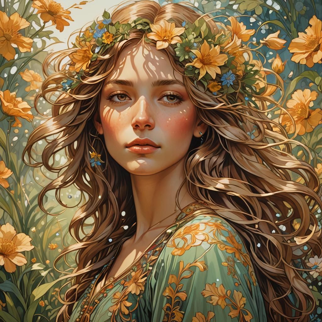 Radiant Girl Smelling Flower in Art Nouveau Style