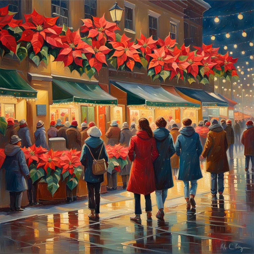 Festive City Square Aglow with Holiday Magic as Oil Painting