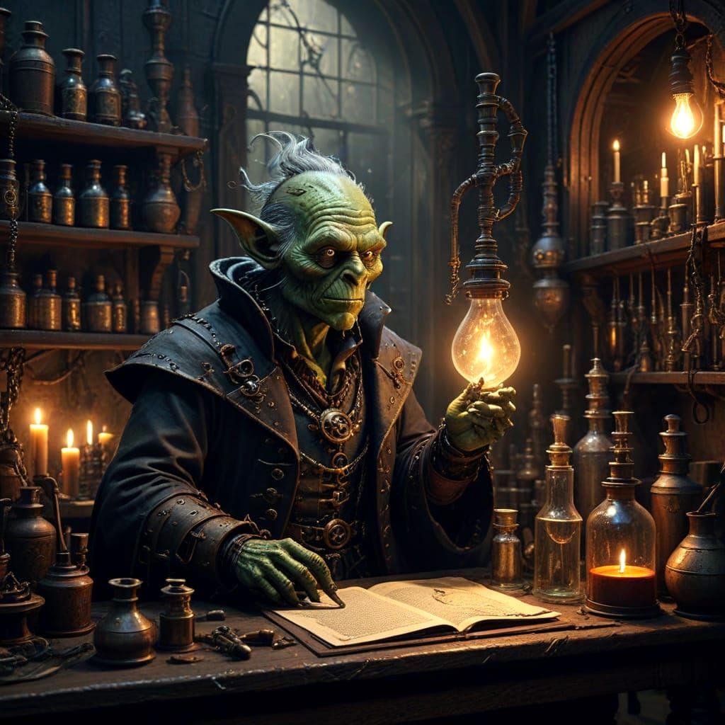 Goblin Alchemist in Dimly Lit Laboratory