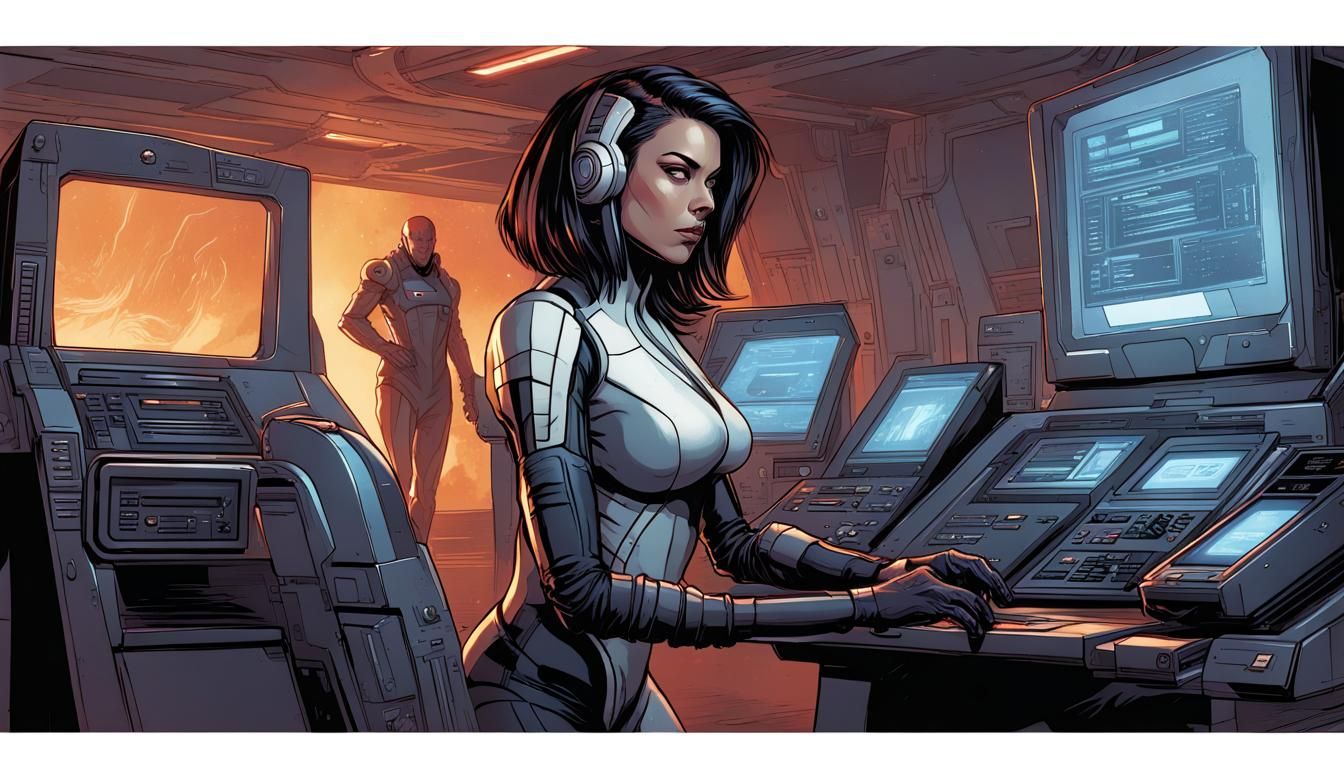 Futuristic Spy Pirating Terminals in Comic Book Style