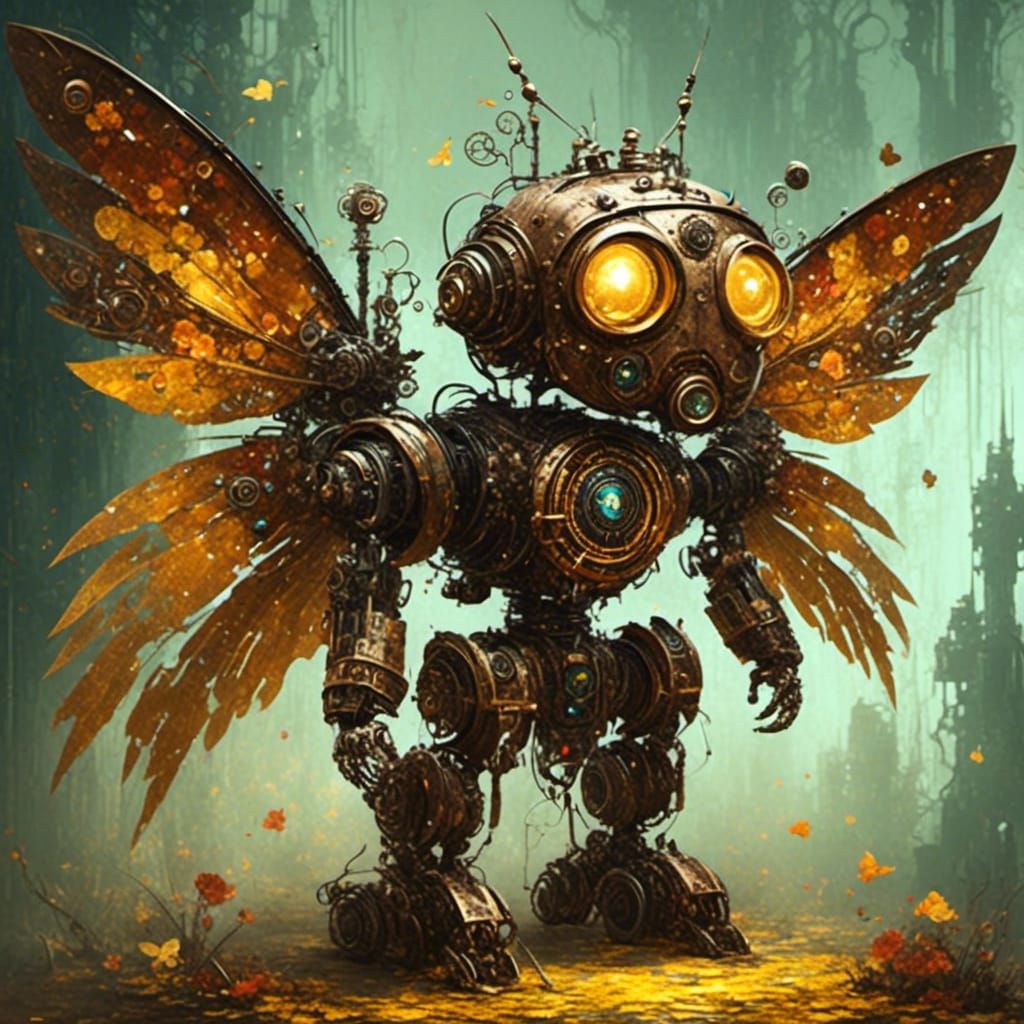 Steampunk Robot with Wings in Pop Art Style