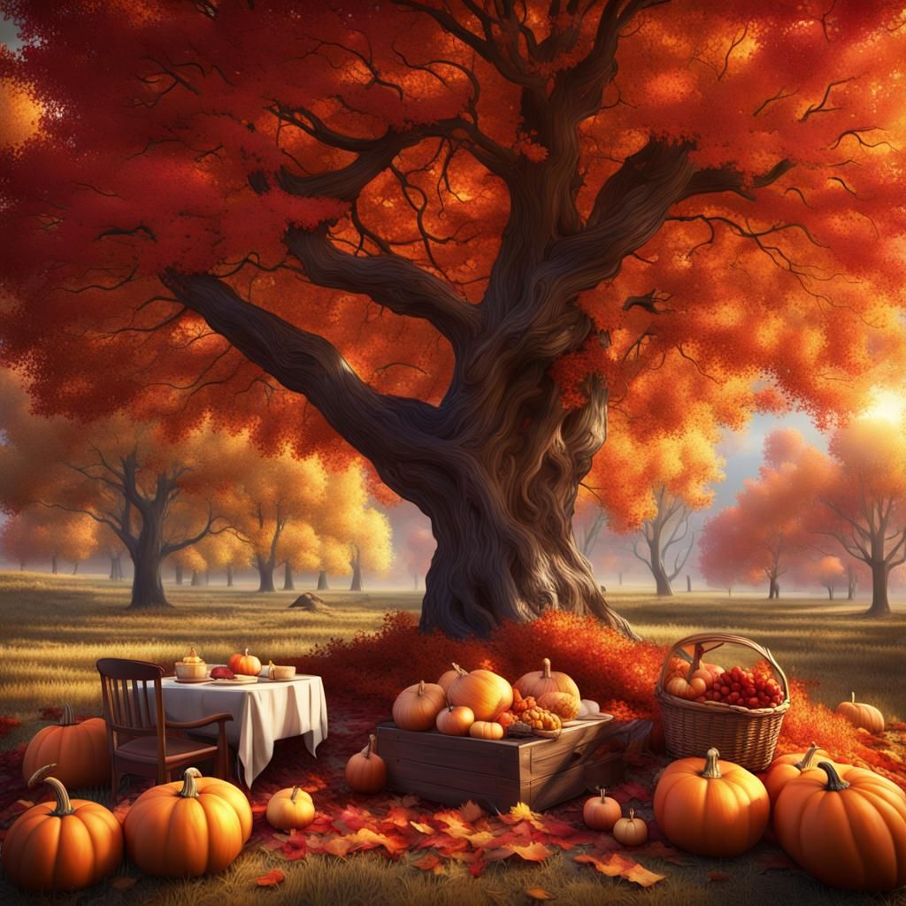 Autumn Picnic with Cornucopia in Detailed Matte Painting