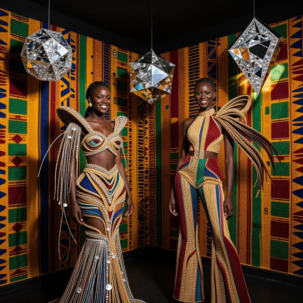 Woman in Avant-Garde Textile Fashion in Dimly Lit Room