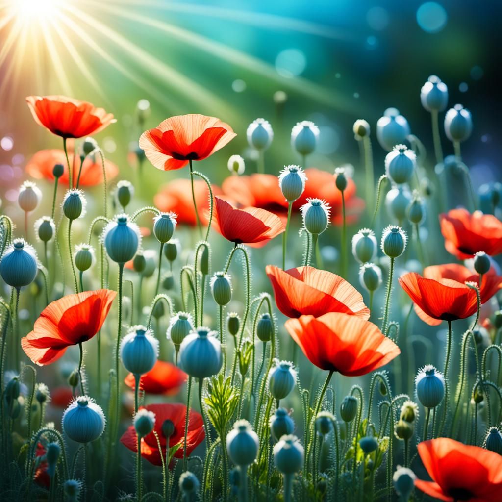 Bioluminescent Wildflowers and Red Poppy in Impasto Style