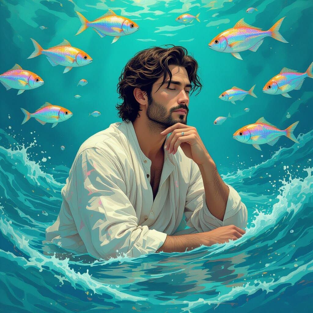 Contemplative Man in Dreamy Underwater Landscape