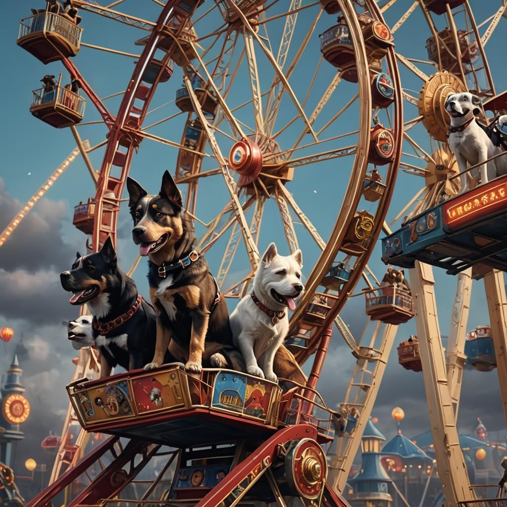 Dogs riding on Ferris wheel