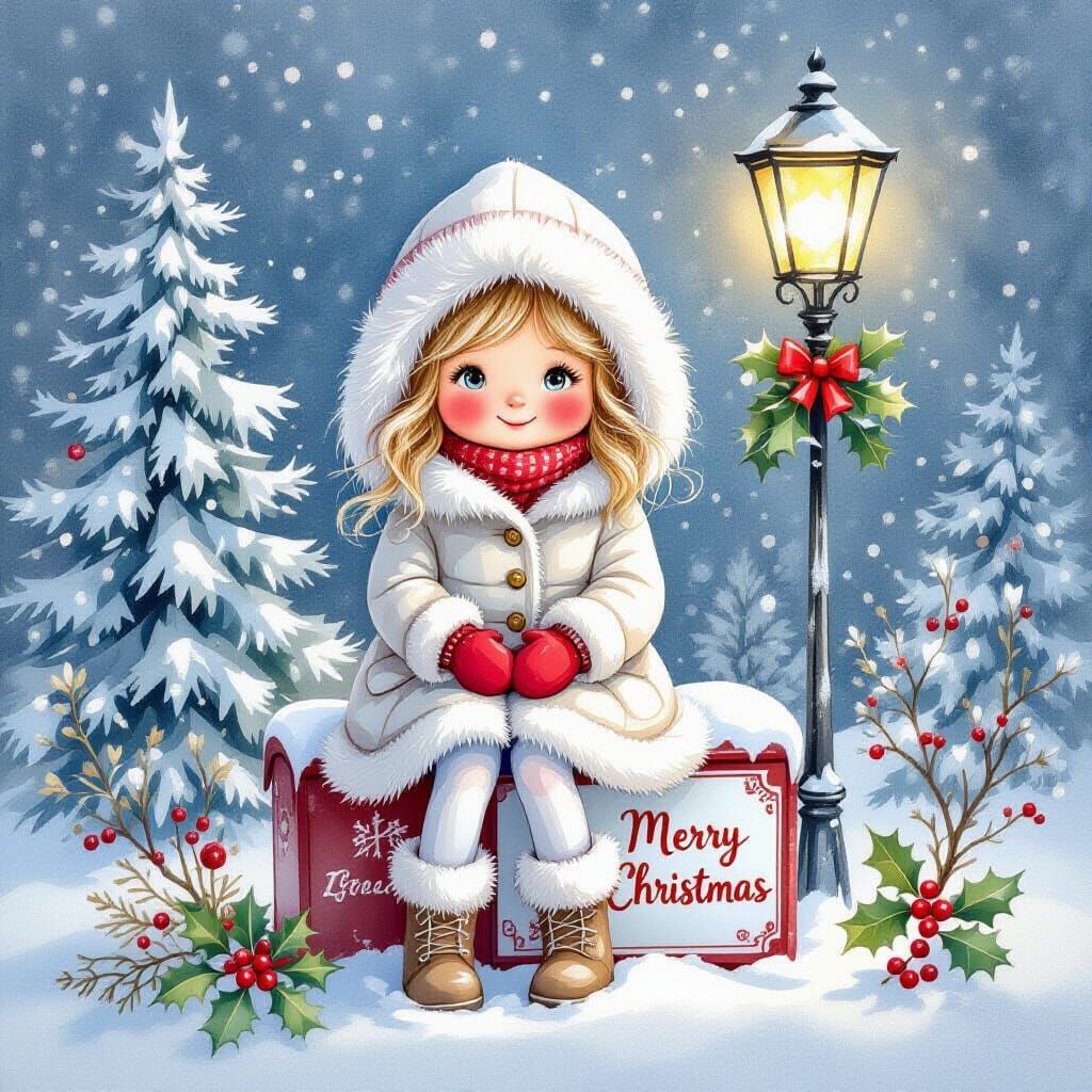 Charming Girl in Snowy Christmas Scene with Vintage Mailbox