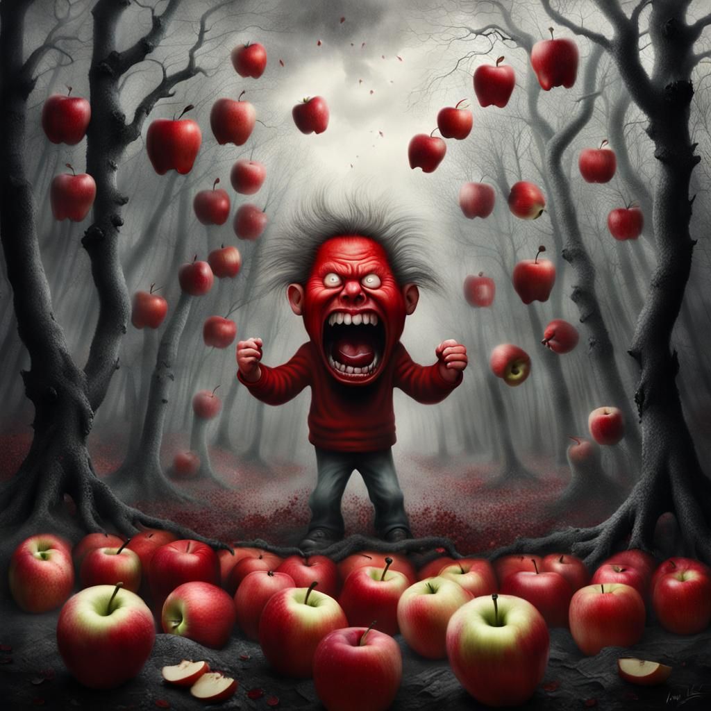 Giant Angry Man Screaming at Apples in Woods