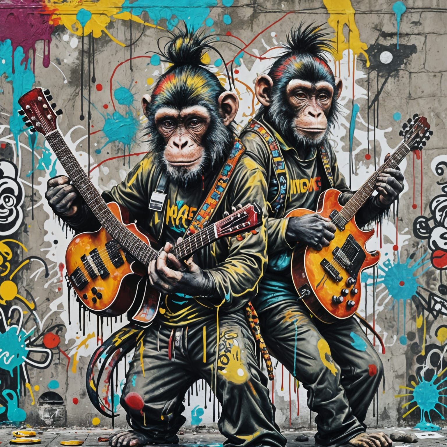 Armed Monkey Musicians in Graffiti Art Style