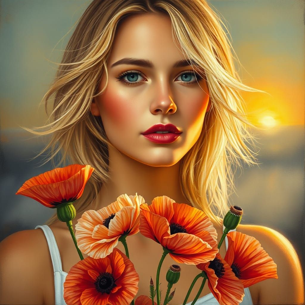 Woman with Poppies: Surreal Oil Painting