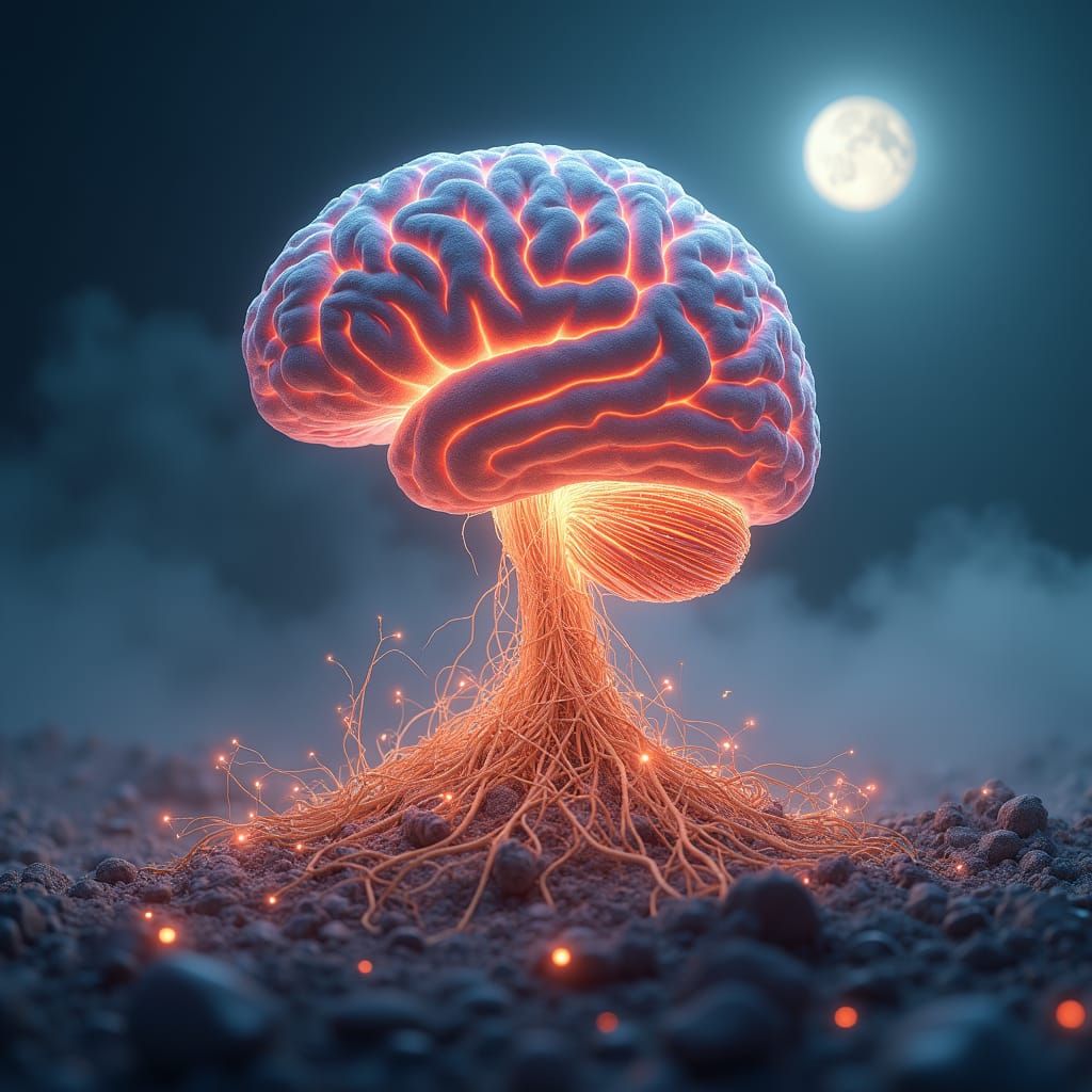 Brain with Ethereal Roots in Surreal Landscape