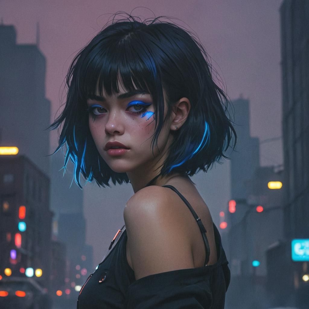Female Portrait in Gorillaz Style with Neon Lights
