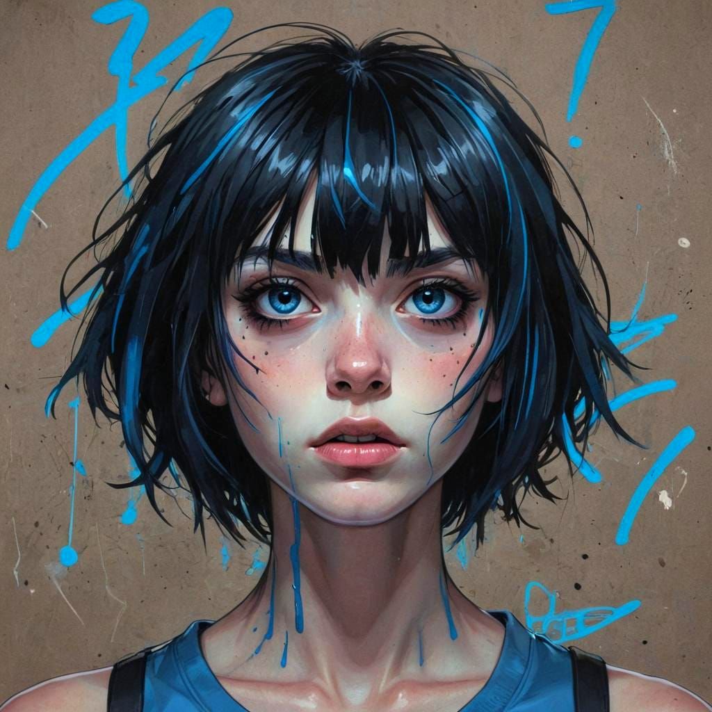 Woman with Blue Bangs in Gorillaz Style