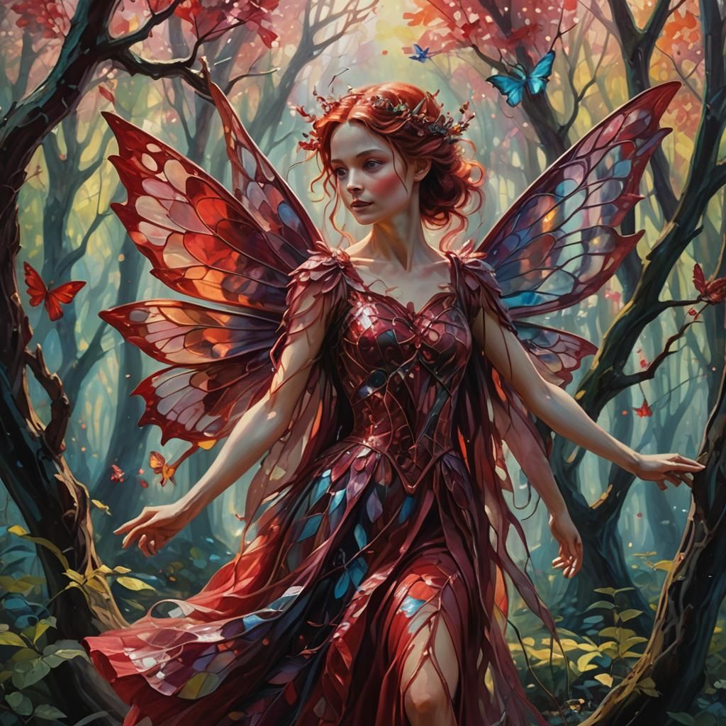 Ruby Red Fairy in Whimsical Forest, Digital Oil Painting