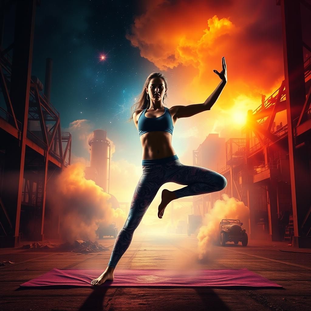 Cosmic Yoga Warrior in Industrial Art Nouveau Style