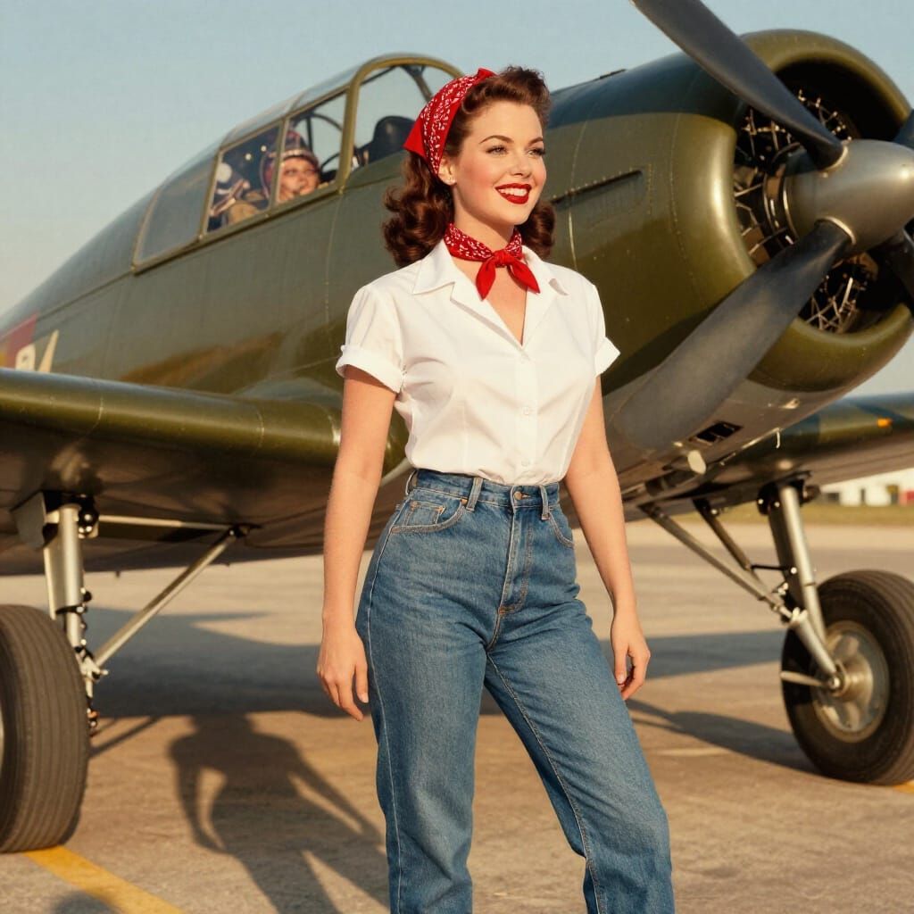1950s Pinup Girl With Bomber Plane in Golden Hour