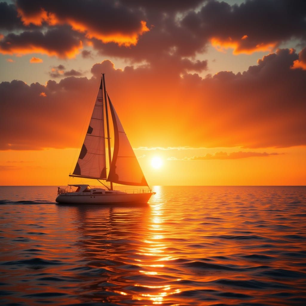 As the sun dips towards the horizon, it paints the sky in brilliant shades of orange, red, and yellow. A solitary sailbo...