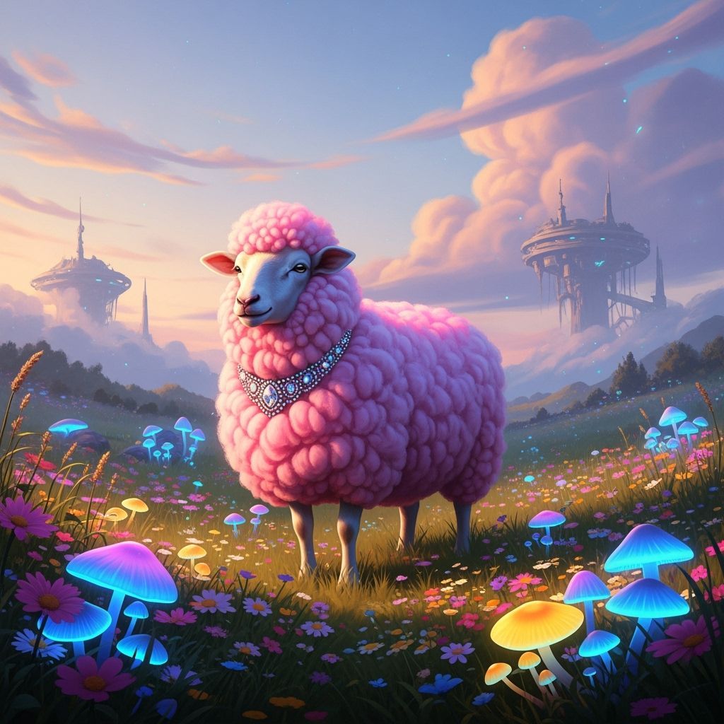 Pink Sheep in Glowing Meadow: Digital Art