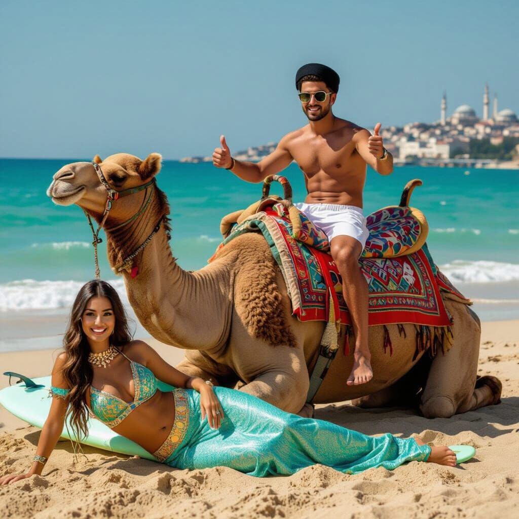 Camel Surfer Scene on a Sunny Beach
