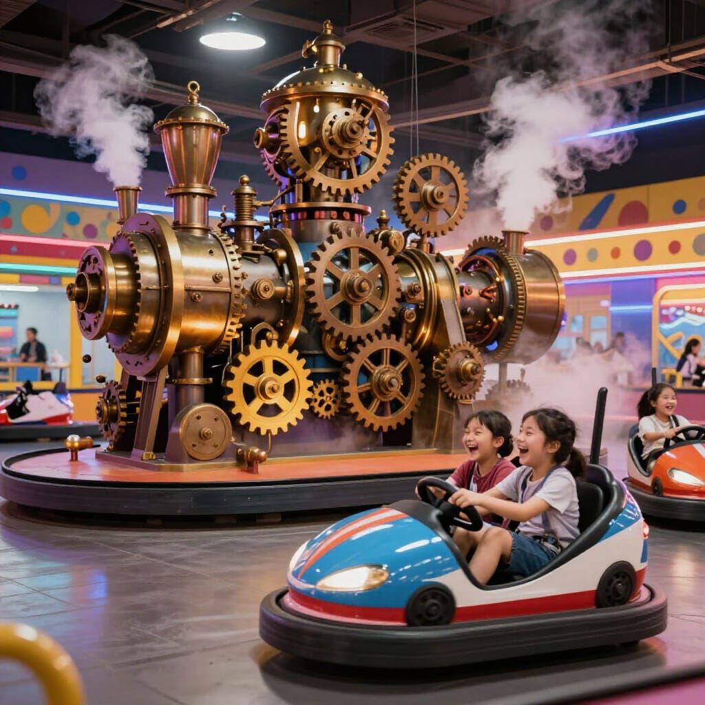 Joyful Dodgem Rides in a Steampunk Amusement Park