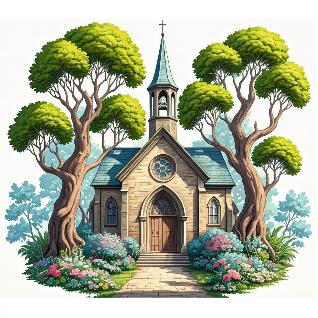 Dreamlike Vintage Church in Whimsical Watercolor Style