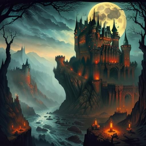 Dracula's Castle: Horror Landscape in Oil and Ink
