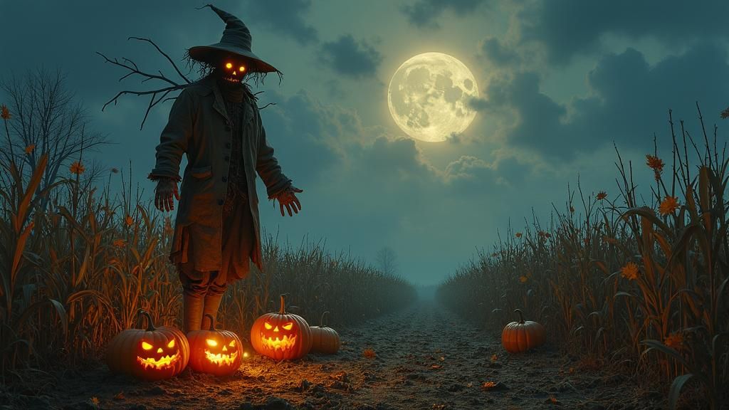 Moonlit Scarecrow in Autumn Cornfield