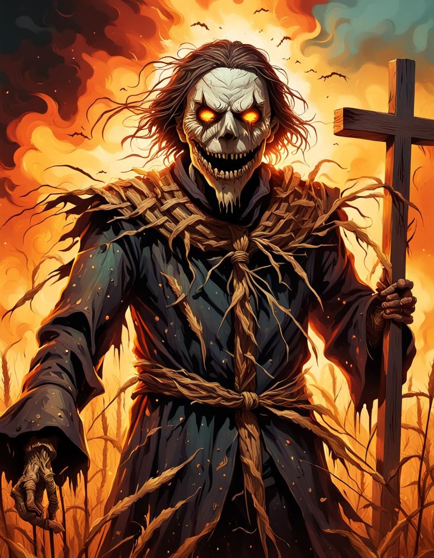 Scarecrow Screaming in Burning Field: Gothic Horror Art