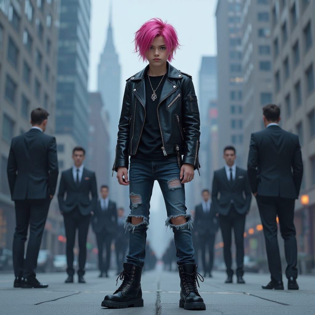 Gothic Boy in Cityscape, Futuristic Style