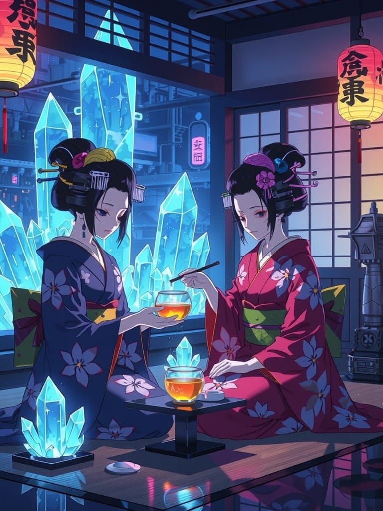 Cyberpunk Geishas Serve Tea in Neon Teahouse
