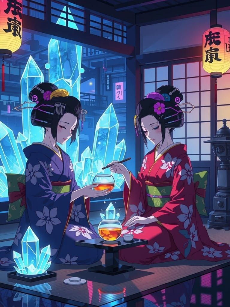 Cyberpunk Geishas Serve Tea in Neon Teahouse