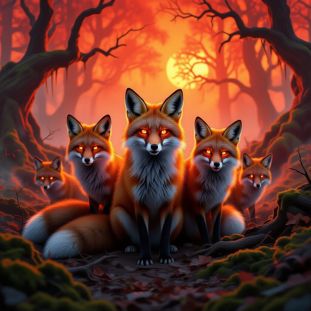 Furious Foxes in a Mystical Fantasy Forest