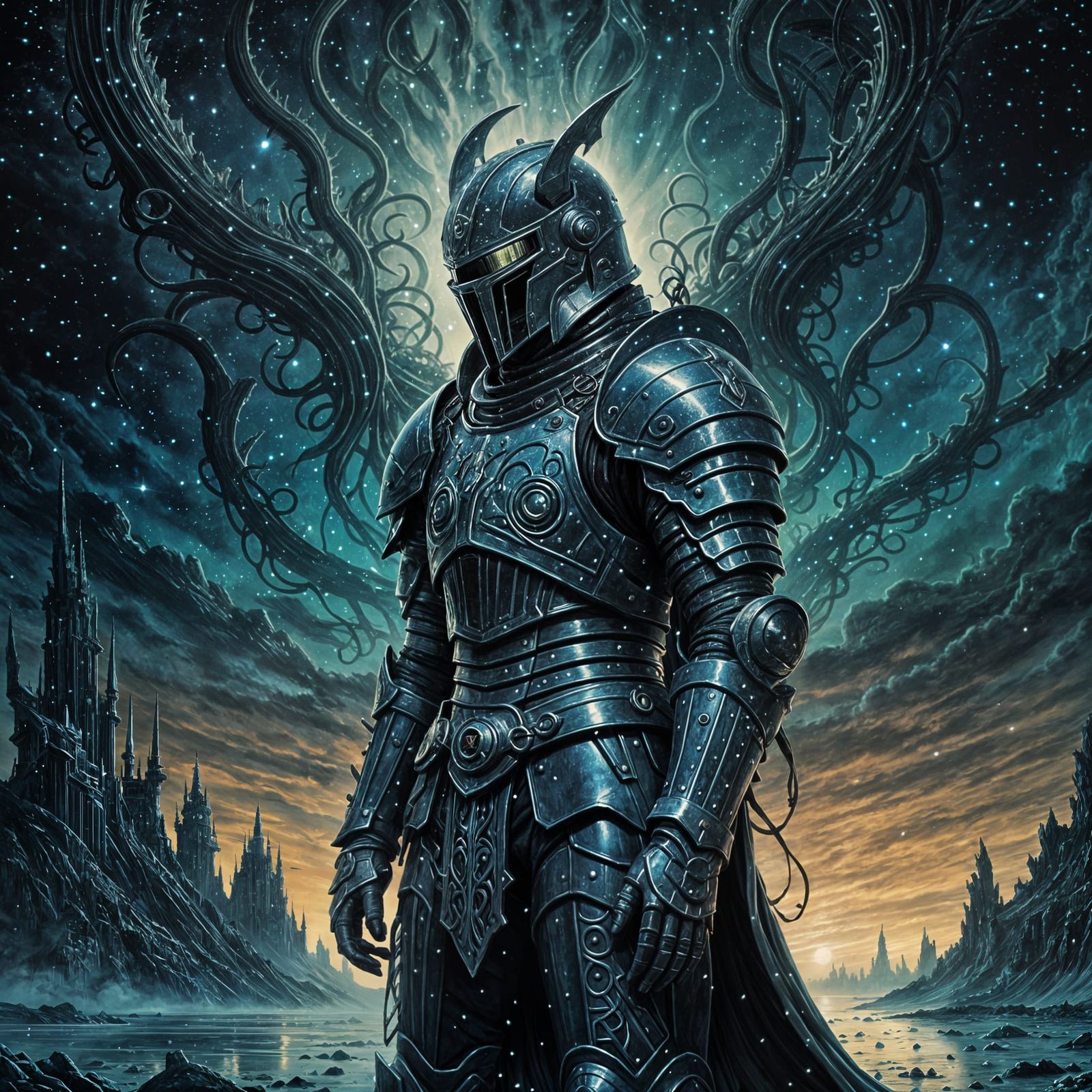 Stellar Abyss Knight in Cosmic Horror Style