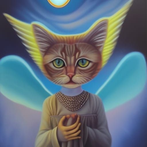 Angel Cat in Surreal Oil Painting
