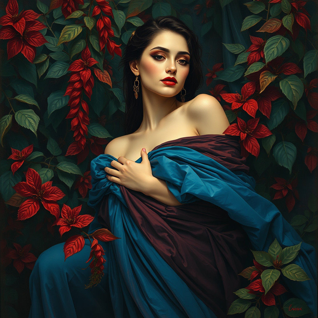 Ethereal Woman in Lush Foliage, Expressive Art