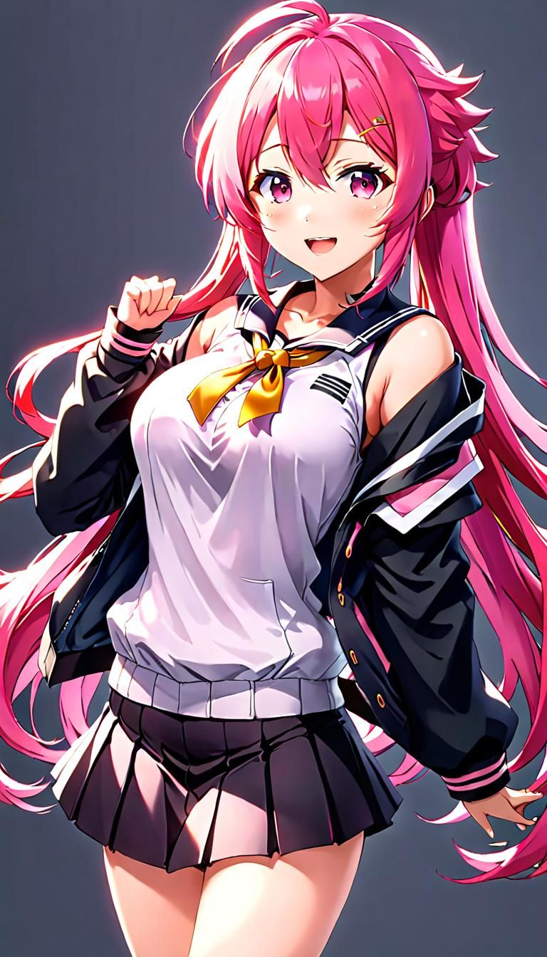 Enthusiastic Pink-Haired Anime Girl Portrait