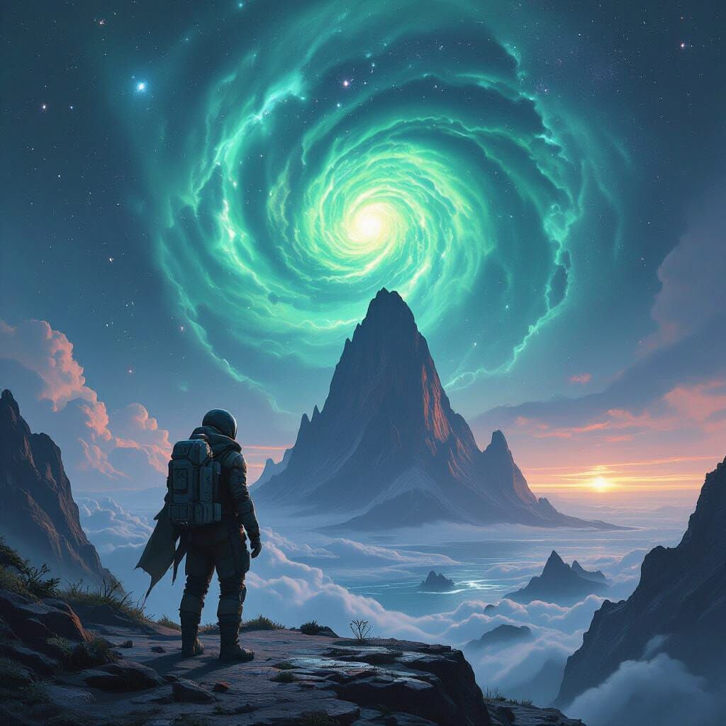 Explorer on Alien Island at Cosmic Precipice