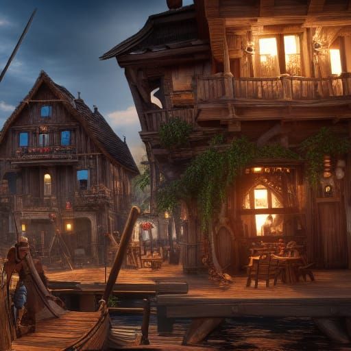Detailed Pirate Town Architecture in Photorealistic Style