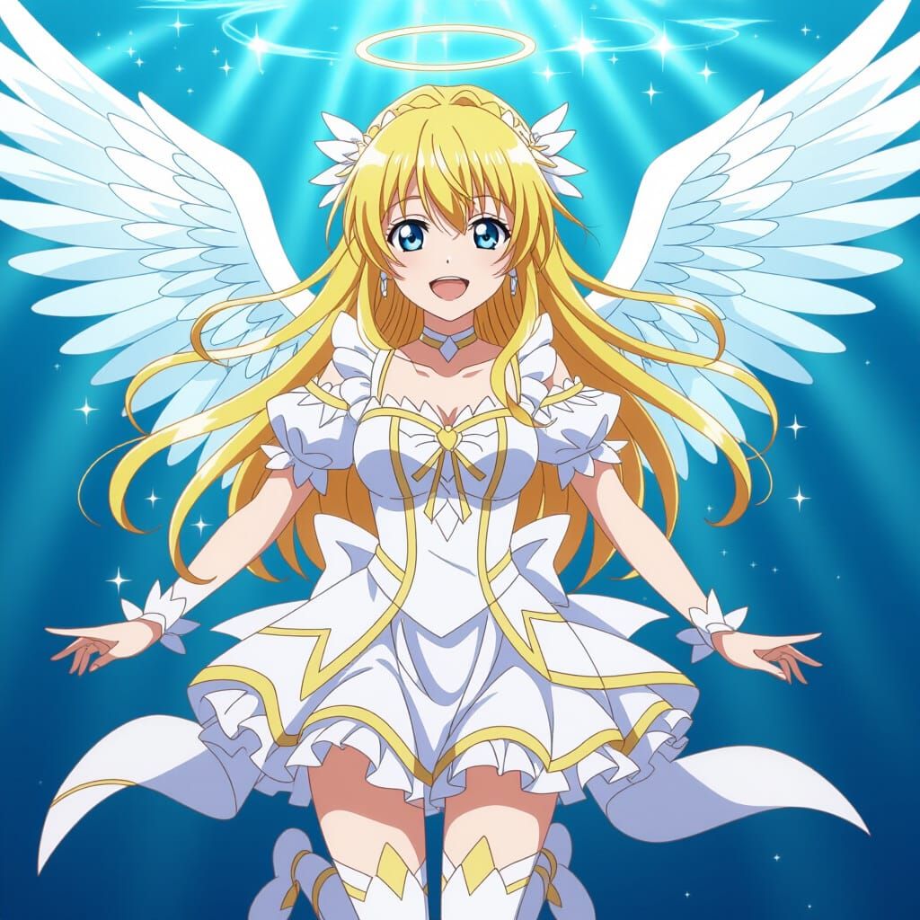 Anime Woman with Wings Jumping Happily