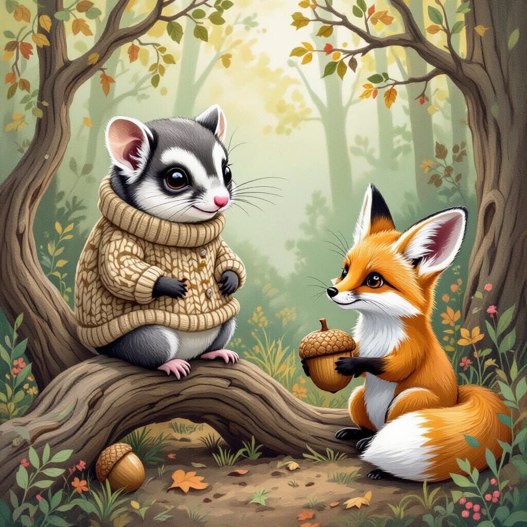 Sugar Glider and Fox Chat in Beatrix Potter Style