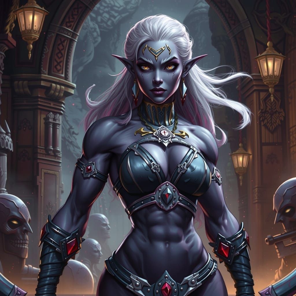 Amused Muscle-bound Female Drow Warrior