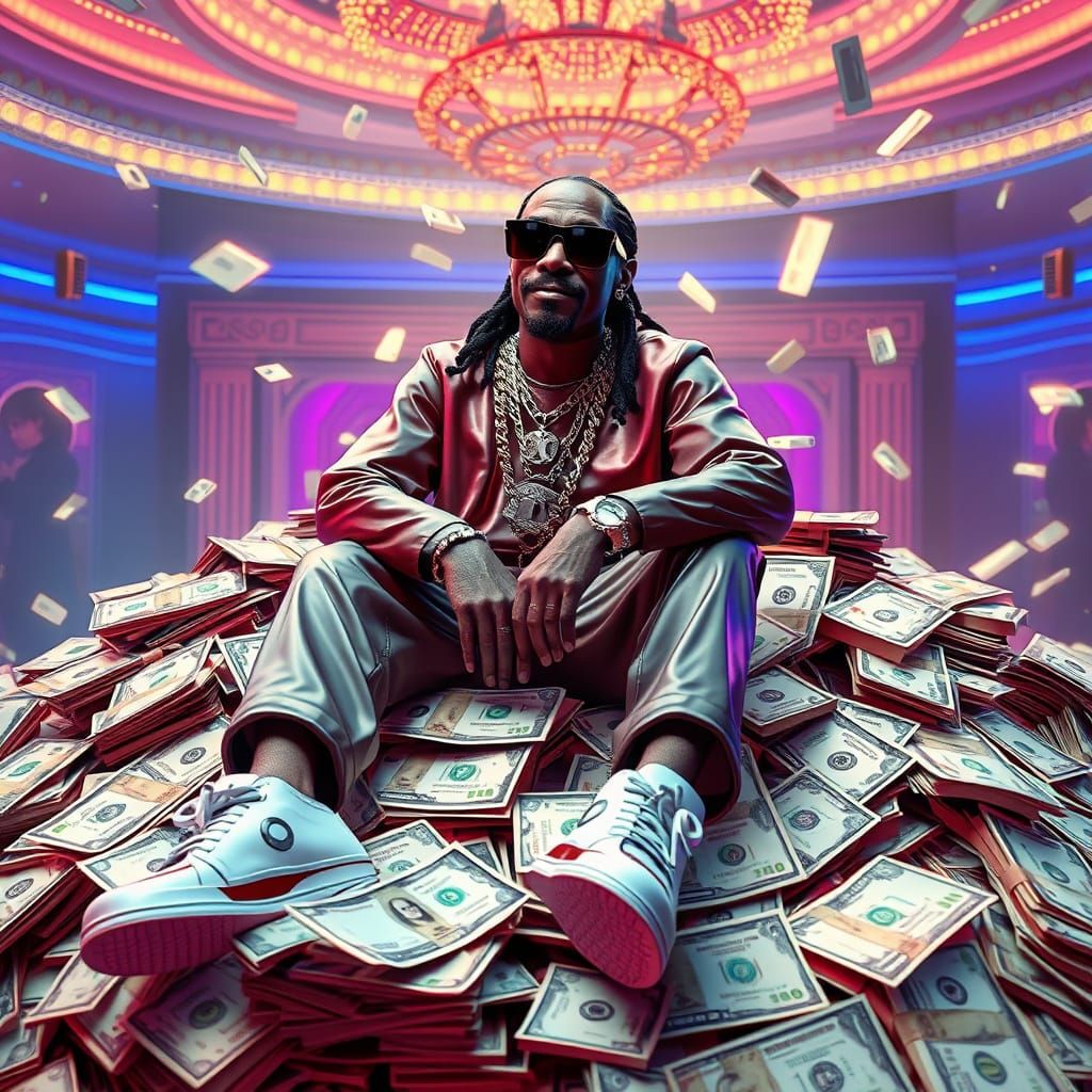 Snoop Dogg in a Glitzy, 3D-Rendered Scene of Wealth