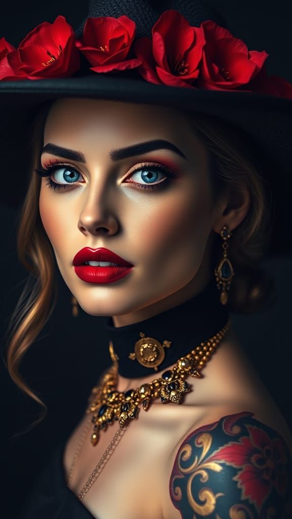 Dramatic Portrait with Red Lipstick and Gold Jewelry