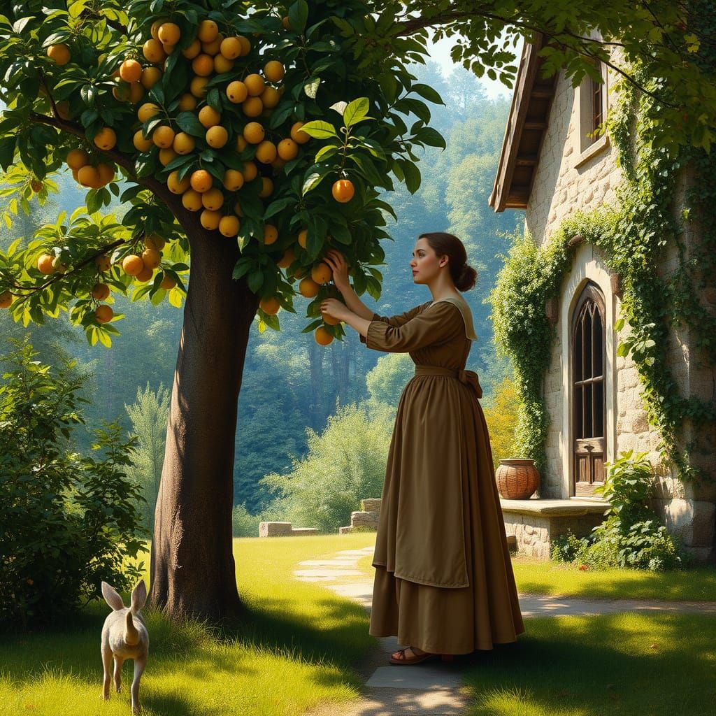 Woman Picking Fruit in Forest, Classical Art Style