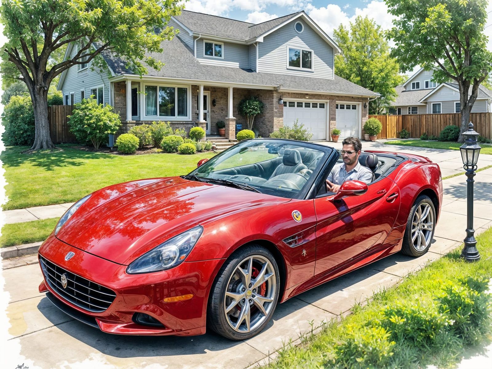 Man in Red Convertible on Suburban Street